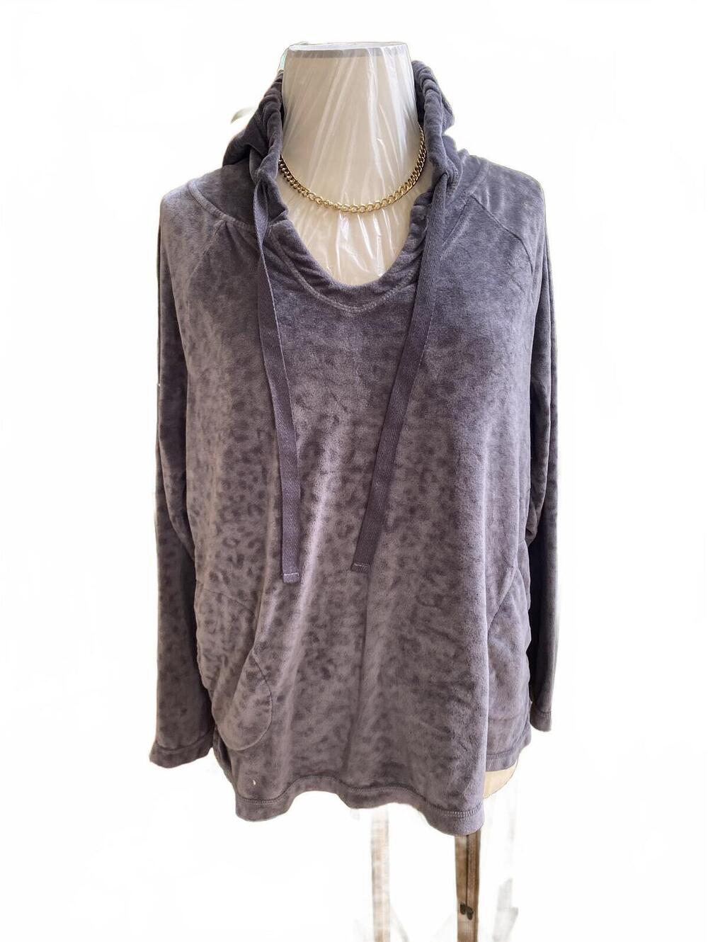 Blush Gray Leopard Print Hoodie Sweatshirt with Drawstring Medium